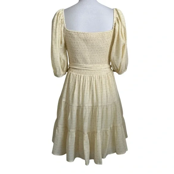 Lovecolette womens Tiered Smocked Tie waist Mini Dress Sz Large Yellow Lined - Picture 3 of 9